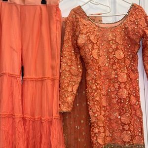 3 piece coral orange sharara set